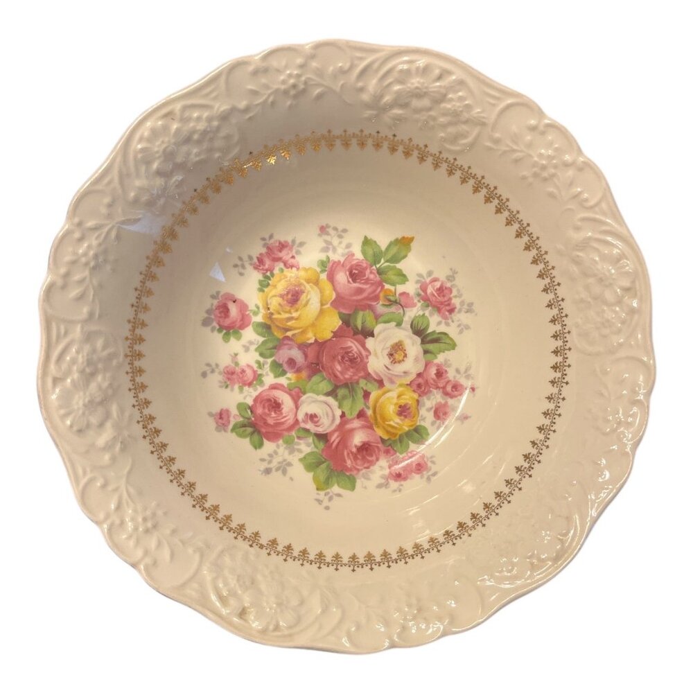 Vintage Edwin M. Knowles Floral Bowl – 22K Gold Trim – Made in USA